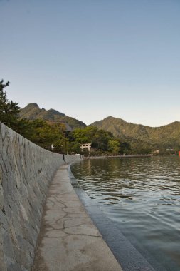 Sahil boyunca deniz manzarası var. Miyajima Japonya  