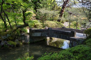Göletteki taş köprü. Kyoto Japonya 
