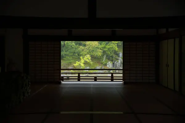 stock image A beautiful garden view from inside the room on a rainy spring day. Tenryu-ji Kyoto Japan  