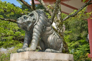 Kurama-Dera tapınağının önünde oturan kaplan şeklinde koruyucu bir köpek. Kyoto Japonya