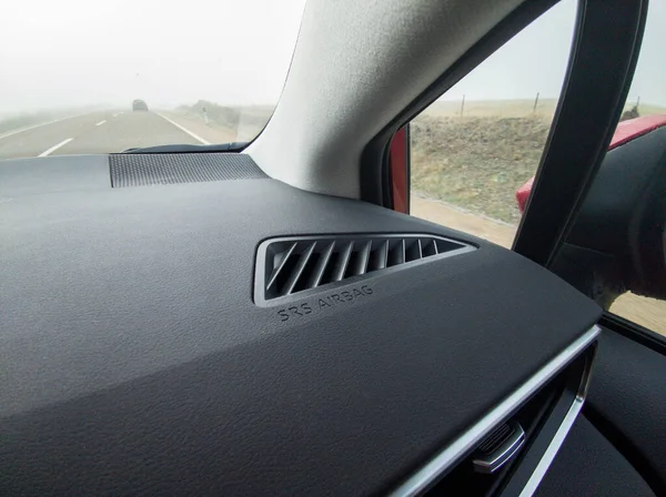 Car Equipped Srs Airbag System Driving Local Road Dense Fog — Stock Photo, Image