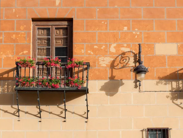 Balkony Calle Ancha Zabytkowy Budynek Ozdobiony Czerwonymi Kwiatami Leon Hiszpania — Zdjęcie stockowe