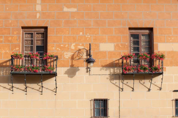 Балконы Calle Ancha Историческое Здание Украшенное Красными Цветами Леон Испания — стоковое фото
