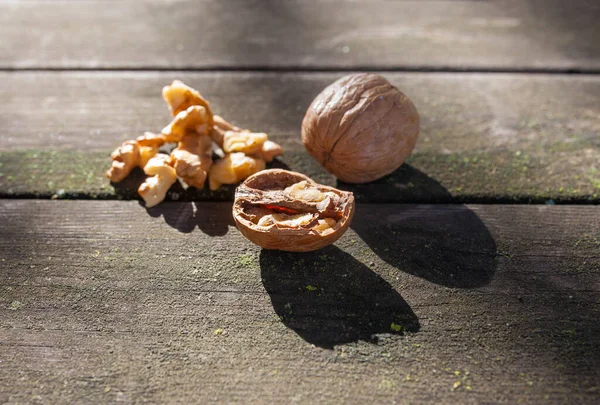 Walnuts Wooden Picnic Table Natural Light Shot — Stock Photo, Image