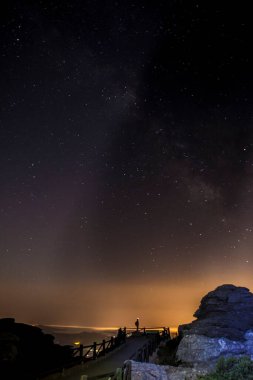 Yıldızlı gökyüzü arka planda gece El Torcal de Antequera doğal park, Endülüs, İspanya. Bazı ışık turuncu kirliliği 