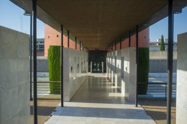 Badajoz, Spain - April 1, 2016: MEIAC Museum building open corridor. Situated on the area of the former prison of Badajoz, redesigned by JA Galea