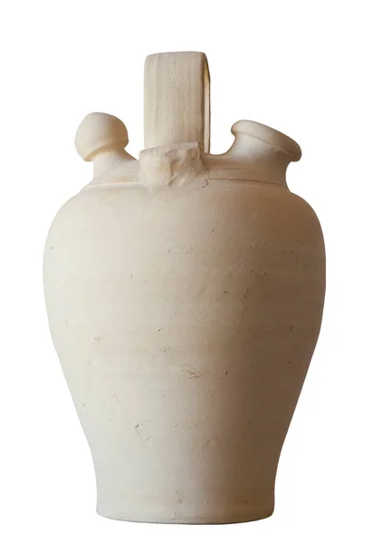 新鮮な水を保つために白い陶器のBotijo 伝統的な粘土鍋のジャグ 白の上に隔離 — ストック写真