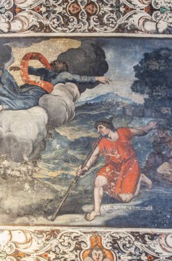 Fuente del Arco - İspanya - 1 Kasım 2022: Fresco tabloları İspanya 'nın başkenti Ara' nın Kilisesi 'nde sergilenmektedir. Tanrı Isaac 'e göründü.