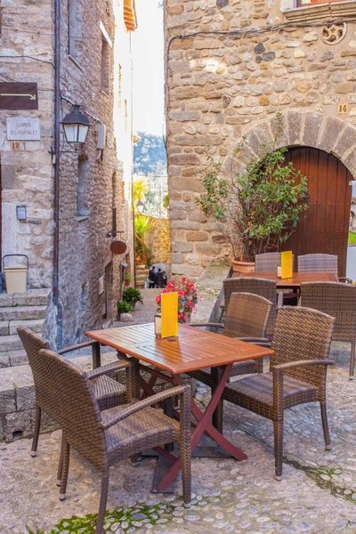Mobiliário Terraço Cidade Medieval Besalu Besalu Catalunha Espanha Terraço Restaurante — Fotografia de Stock