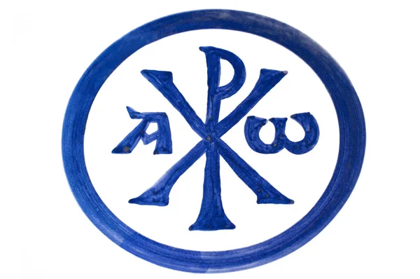 Niebieski Pomalowany Symbol Chi Rho Pomalowany Ceramicznej Powierzchni Jedna Najwcześniejszych — Zdjęcie stockowe