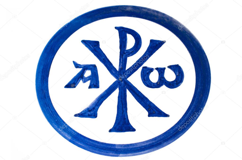 Blue painted Chi Rho symbol painted over ceramic surface. One of the earliest forms of christogram