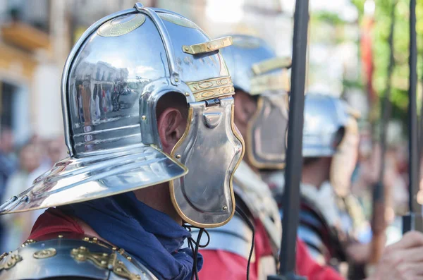 Reenactors Wearing Galea Ancient Roman Helmet Roman Military Personal Equipment — Stock Photo, Image