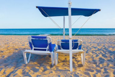 Tente yapısı ve arka planında okyanus olan arı koltuğu. Plaj modası mobilya konsepti