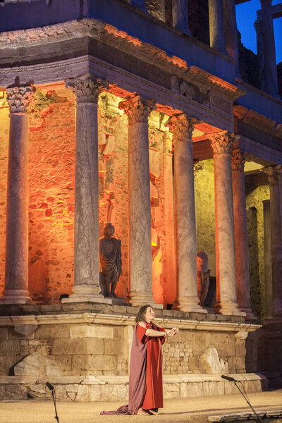 Merida, Spain - Jun 3rd, 2023: Performance of Medea at the Roman Theatre of Merida. Merita Ludica Festival 2023