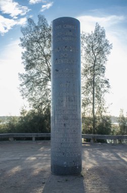 Campo Maior, Portugal. 2019, Agust, 9th: Salazar gray concrete monolith at Barragem do Caia, Campo Maior, Alentejo, Portugal. Commemorative monument honouring the dictatorship Salazar clipart