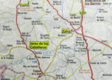 Jerez de los Caballeros city on the map, Extremadura, Badajoz, Spain. Selective focus over word clipart