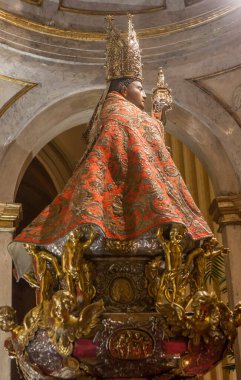 Pamplona, Spain - March 3rd, 2024: San Fermin Patron Saint figure at San Lorenzo Church, Pamplona, Navarra, Spain. Side view clipart