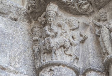 Church of San Miguel portal. Estella-Lizarra town, Navarre, Northern Spain. Flight into Egypt clipart