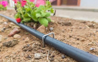 U pimleri ya da boruların üzerine asılmış çivileri tutun. Damla sulama için bahçe malzemeleri