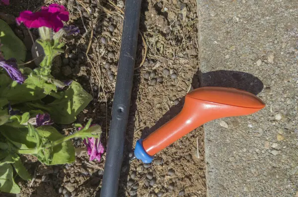 stock image Hole puncher close to drilled irrigation pipe. Gardening equipment for drip irrigation