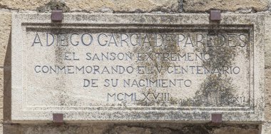 Diego Garcia de Peredes memorial plaque, Trujillo Main quare, Extremadura; Spain clipart