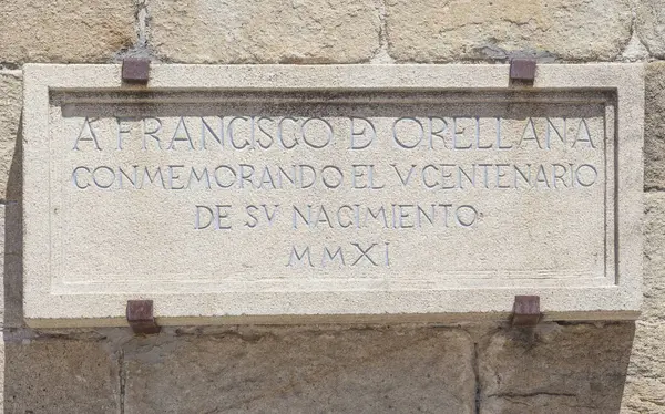 stock image Francisco de Orellana memorial plaque, Trujillo Main quare, Caceres, Spain. Spanish explorer and conquistador