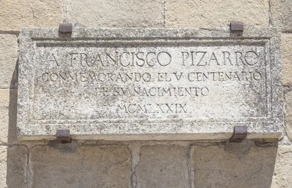 stock image Francisco Pizarro memorial plaque, Trujillo Main square, Caceres, Spain. Spanish Conqueror of Inca Empire