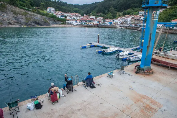 stock image Tazones, one of the most beautiful villages of Asturian Coast, Spain. Rod fishers at dock 