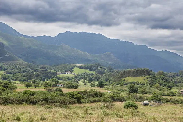 stock image Cottages and farms seen from Cliffs of Hell, Ribadesella Eastern Asturias, Spain