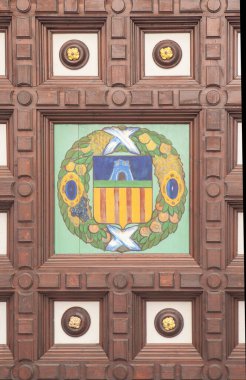 Plaza de Espana wooden coffered ceiling painted with the coat of arms province, Seville, Spain clipart