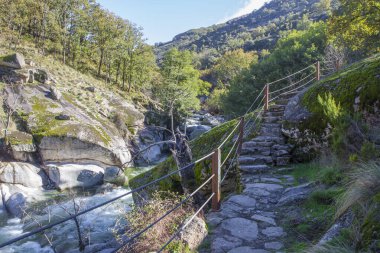 Nehre paralel uzanan kayanın yarı kazılı yolu. Garganta de los Infiernos Doğal Rezerv, Extremadura, İspanya