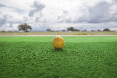 Golf yeni başlayanlar için golf sahası. Sarı topla golf hasırı