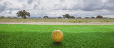 Golf yeni başlayanlar için golf sahası. Sarı topla golf hasırı