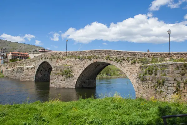 Tormes Nehri 'ni geçen ortaçağ köprüsü, Barco de Avila, Kastilya ve Leon, İspanya. 