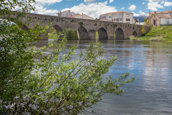 Altında karlı dağlar bulunan Tormes Nehri 'ni geçen ortaçağ köprüsü, Barco de Avila, İspanya
