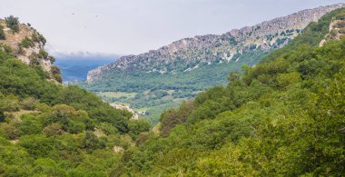 Goni Vadisi Genel Bakış, Aizpun, Navarra, İspanya. Urbasa Moutains 'in kalbinde zümrüt ormanlarının olduğu ideal bir yer.