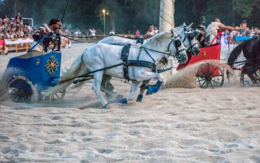 Xinzo, Spain - August, 25th, 2025:  Reenactment of a biga race at Oblivion Feast, Ourense, Spain