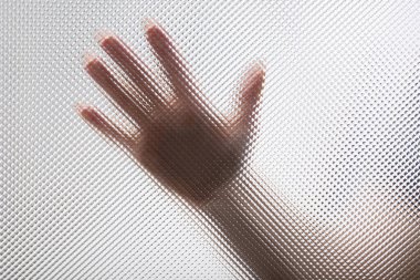 Şeffaf polikarbonat plastiğinin kristal dokusundan erkek el görüntüsü