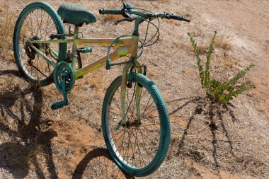 Farklı renklerde boyanmış kullanılmayan bir bisiklet bir evin bahçesinde süs olarak durur.