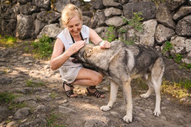 Mutlu gülümseyen yaşlı olgun kadın turist evsiz büyük köpeğe sarılıyor. Emekli sportif aktif yaşlı insanlar ve evcil hayvanlar konsepti