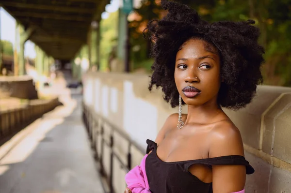 Модный Уличный Портрет Молодой Афроамериканки Позирующей Открытом Воздухе Городском Пейзаже — стоковое фото