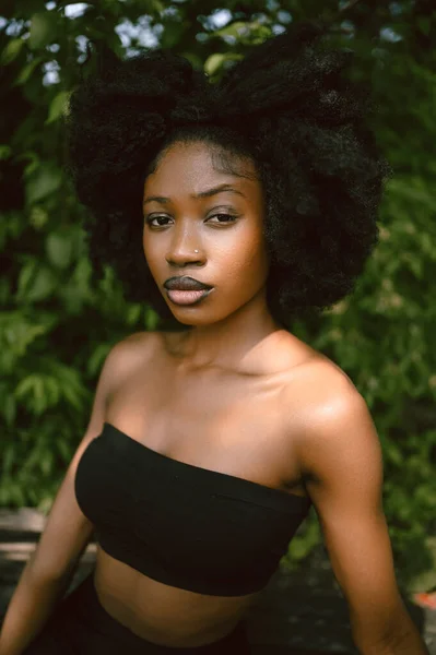 Κοντινό Πλάνο Πορτρέτο Του Κεφαλιού Όμορφη Νεαρή Αφροαμερικανή Μαύρη Γυναίκα — Φωτογραφία Αρχείου