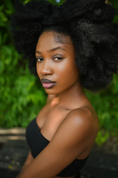 Primer Plano Retrato Moda Hermosa Joven Afroamericana Mujer Negra Hombros — Foto de Stock