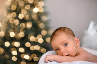 Yeni yıl tatili sahnesi. Yeni doğan komik bebek, Noel ağacı oyuncakları ve ışık çelengi ile örülü battaniyede yatıyor. Bebek eşyaları konsepti, kreş