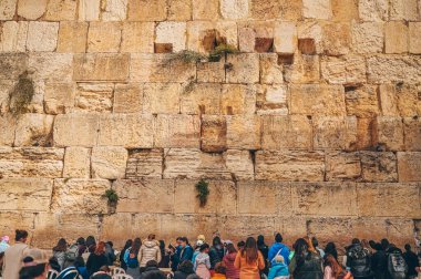 27 Kasım 2022, Kudüs, İsrail. Yahudi ve turist kalabalığı, Yahudiliğin kutsal yeri olan Eski Batı Ağlama Duvarı 'nda Shacharit gündoğumu namazı için toplandı. Tapınak Dağı ve Zeytin Dağı. 