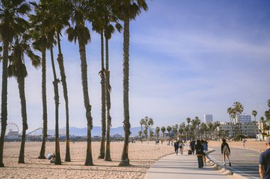 10 Mart 2024, Los Angeles, ABD. Venedik plajı güneşli bir günde. Yaya geçidi boyunca yürüyen turist kalabalığı var. Bisikletçiler bisiklet yolunda gezerler. Güzel okyanus manzarası