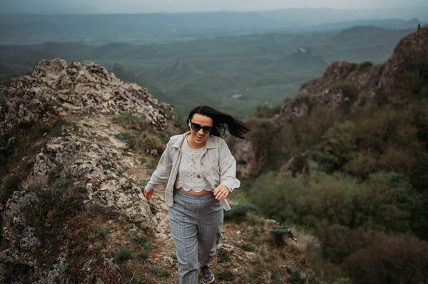 Woman Happy Tourist Hiking Runs Top Mountain Enjoying Nature Landscape Royalty Free Stock Photos