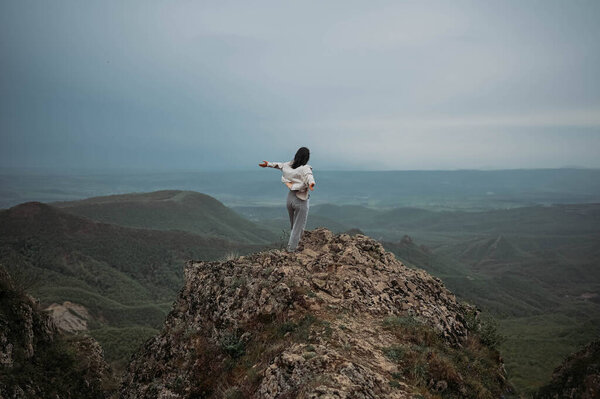Happy Woman Tourist Hiking Mountain Enjoying Nature Landscape Cloudy Gloomy Stock Picture