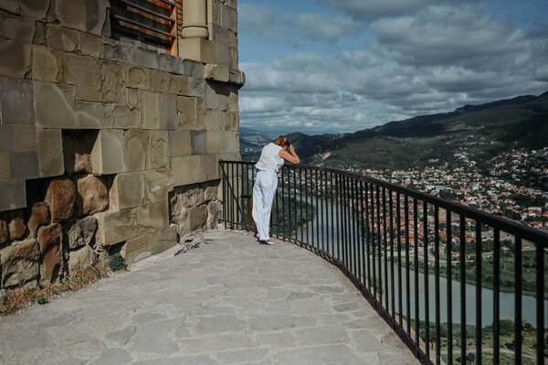 Mature Woman Tourist Walking Observation Deck Ancient Monastery Ruins City Royalty Free Stock Images