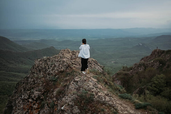 Woman Tourist Hiking Goes Top Mountain Enjoying Nature Landscape Cloudy Stock Picture